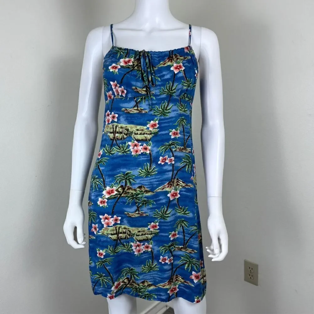 Vintage Women Size M Blue Floral Tropical Hawaiian Novelty Y2K Mini Slip Dress